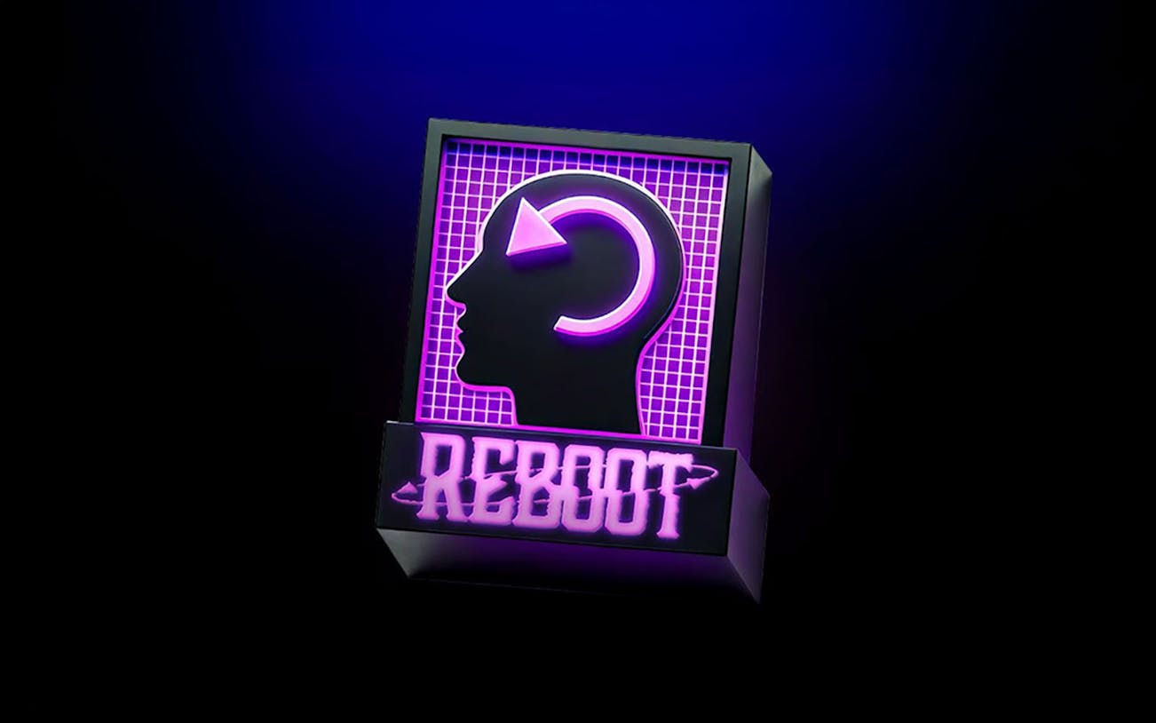 Neon sign with a silhouette and arrow, labeled "Reboot" for Eden on Fridays event.