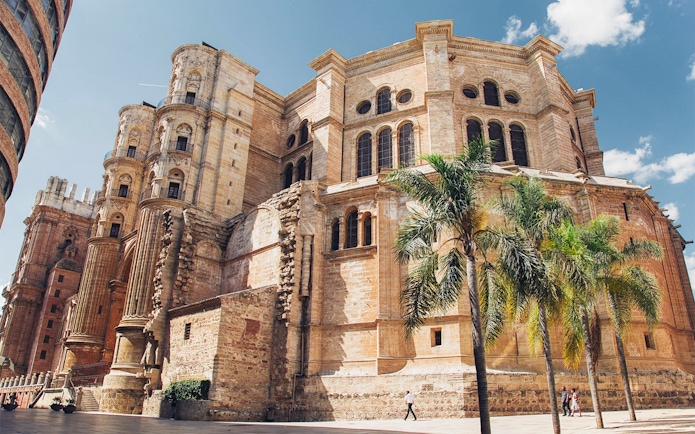 Málaga Cathedral exterior with palm trees on a sunny day.