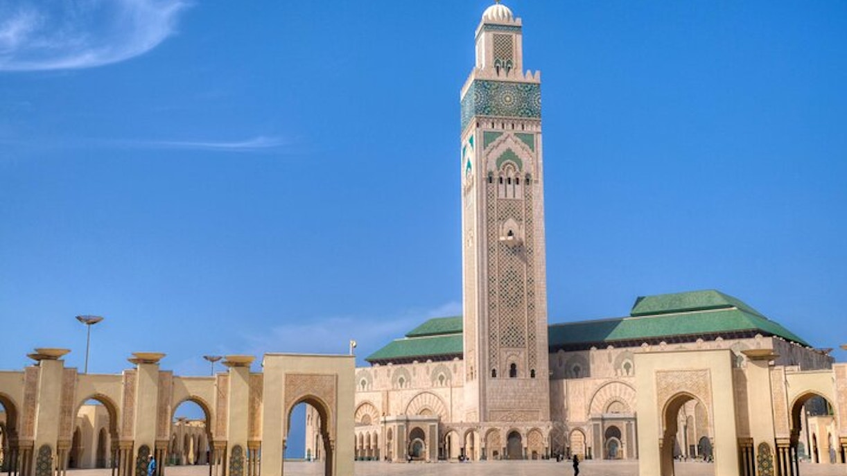 Hassan II Mosque courtyard and minaret in Casablanca, Morocco.