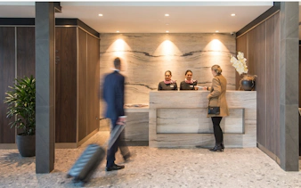 Reception area at Plaza Premium Lounge, Budapest International Airport Terminal 2B.