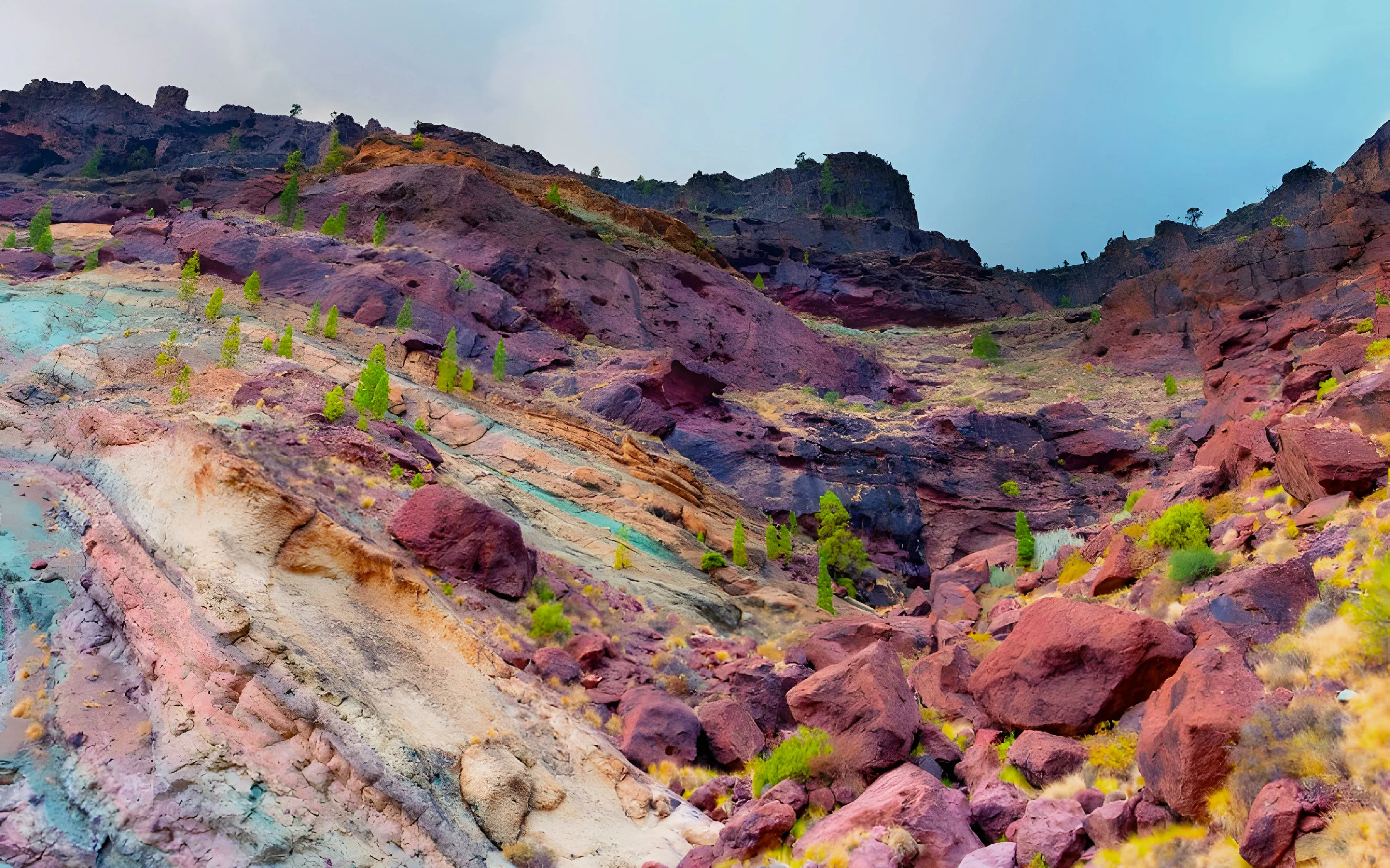 Colorful volcanic rock formations of Los Azulejos de Veneguera in Gran Canaria, Spain.