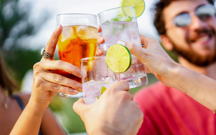 Young friends toasting with drinks outdoors.