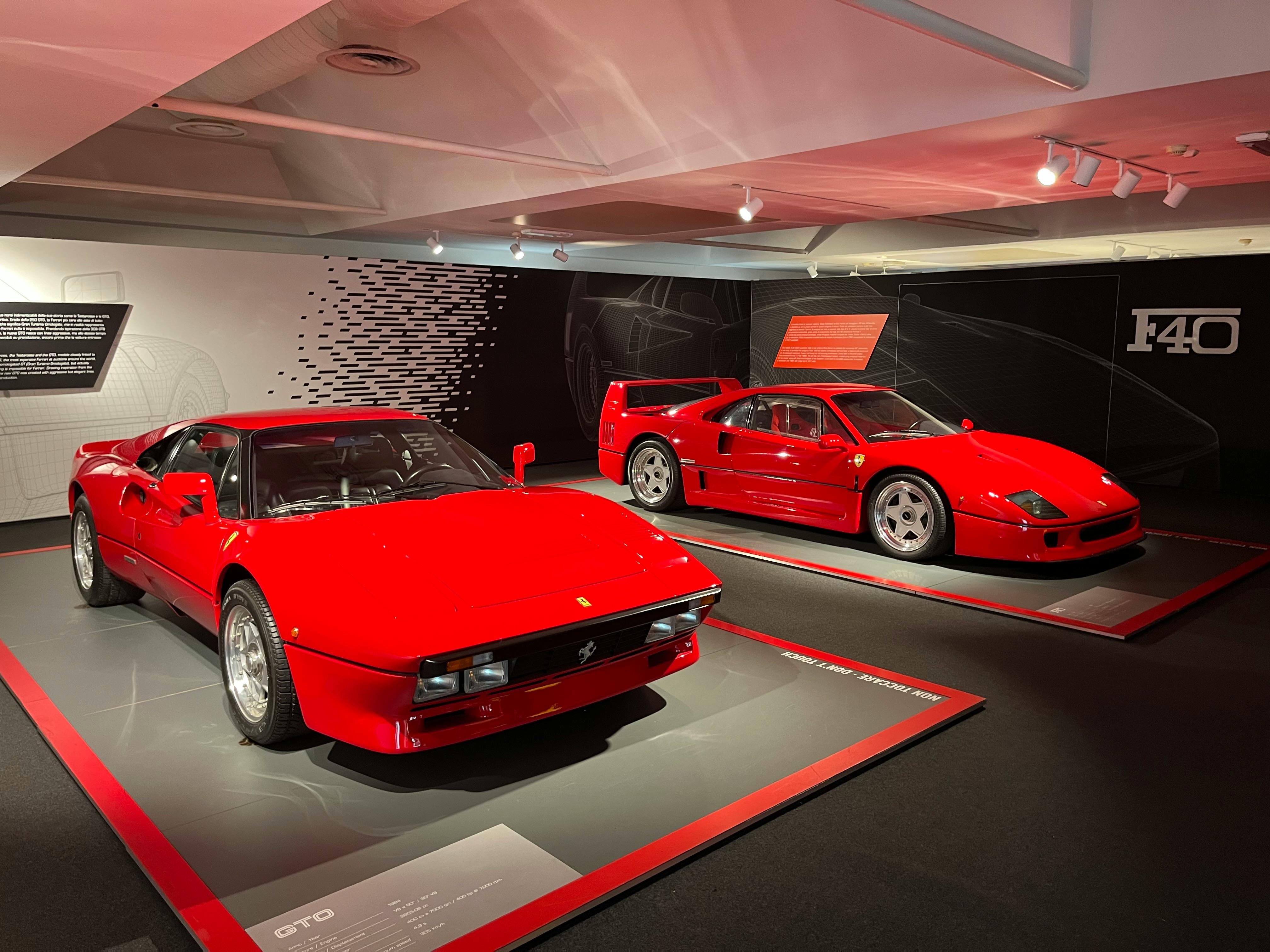 Ferrari GTO and F40 displayed at Maranello Ferrari Museum, Italy.