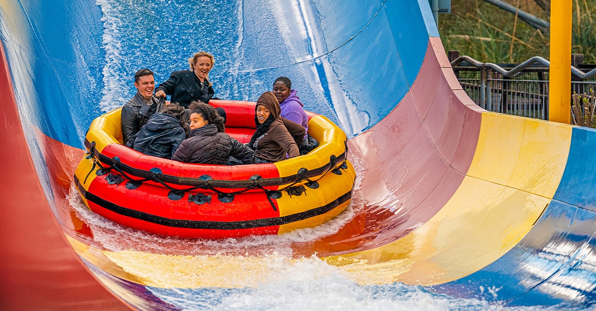 Visitors enjoying a water ride on Storm Surge at Thorpe Park.