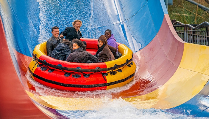 Visitors enjoying a water ride on Storm Surge at Thorpe Park.