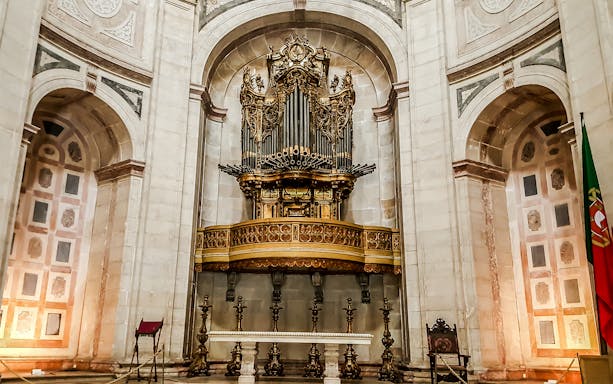 Ornate pipe organ inside the National Pantheon, Lisbon, Portugal.