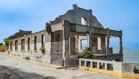 Alcatraz Island Warden's house ruins overlooking the bay.