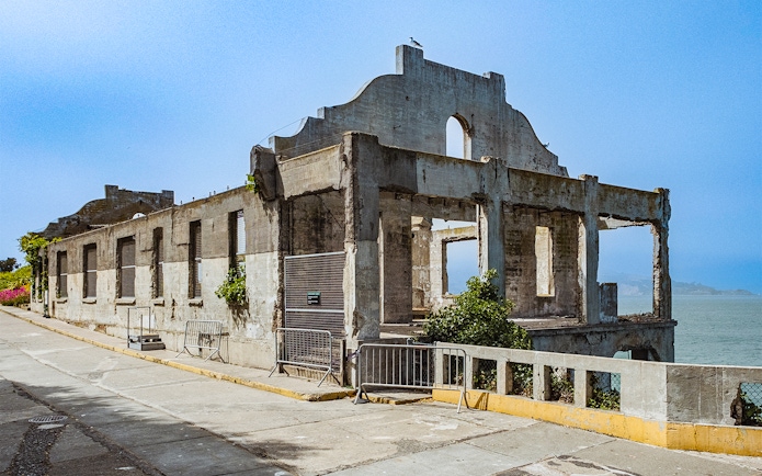 Alcatraz Island Warden's house ruins overlooking the bay.