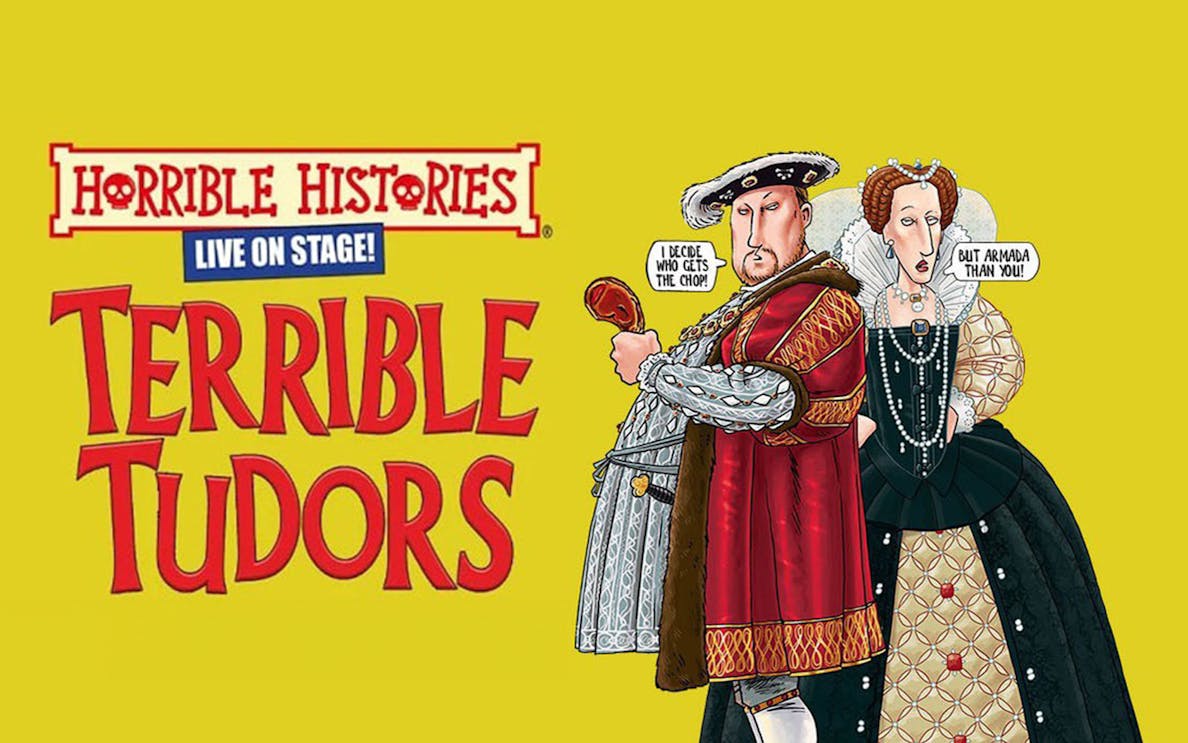 Horrible Histories Terrible Tudors stage show poster with Tudor characters.