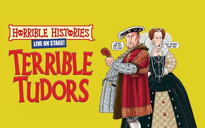 Horrible Histories Terrible Tudors stage show poster with Tudor characters.