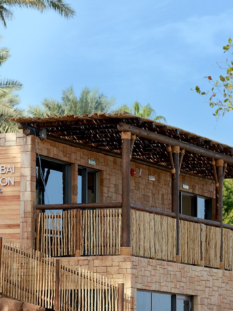 The Dubai Balloon building at Atlantis surrounded by palm trees.