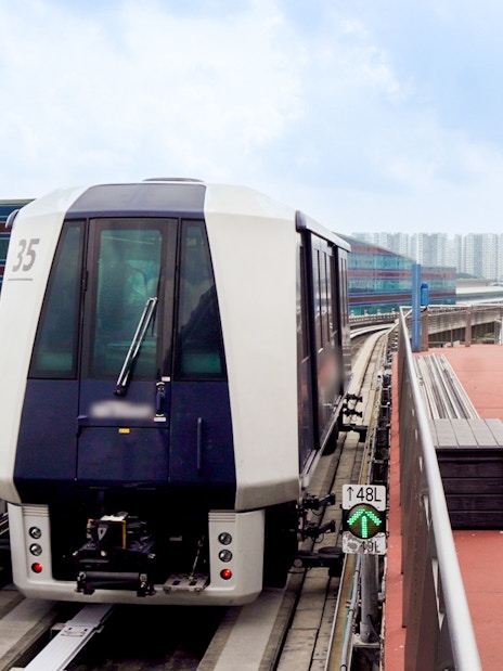 Singapore MRT train on elevated track with city skyline in the background.