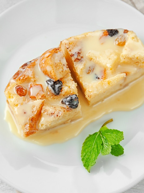 New Orleans Bread Pudding with sauce on Steamboat Natchez Dinner Cruise.