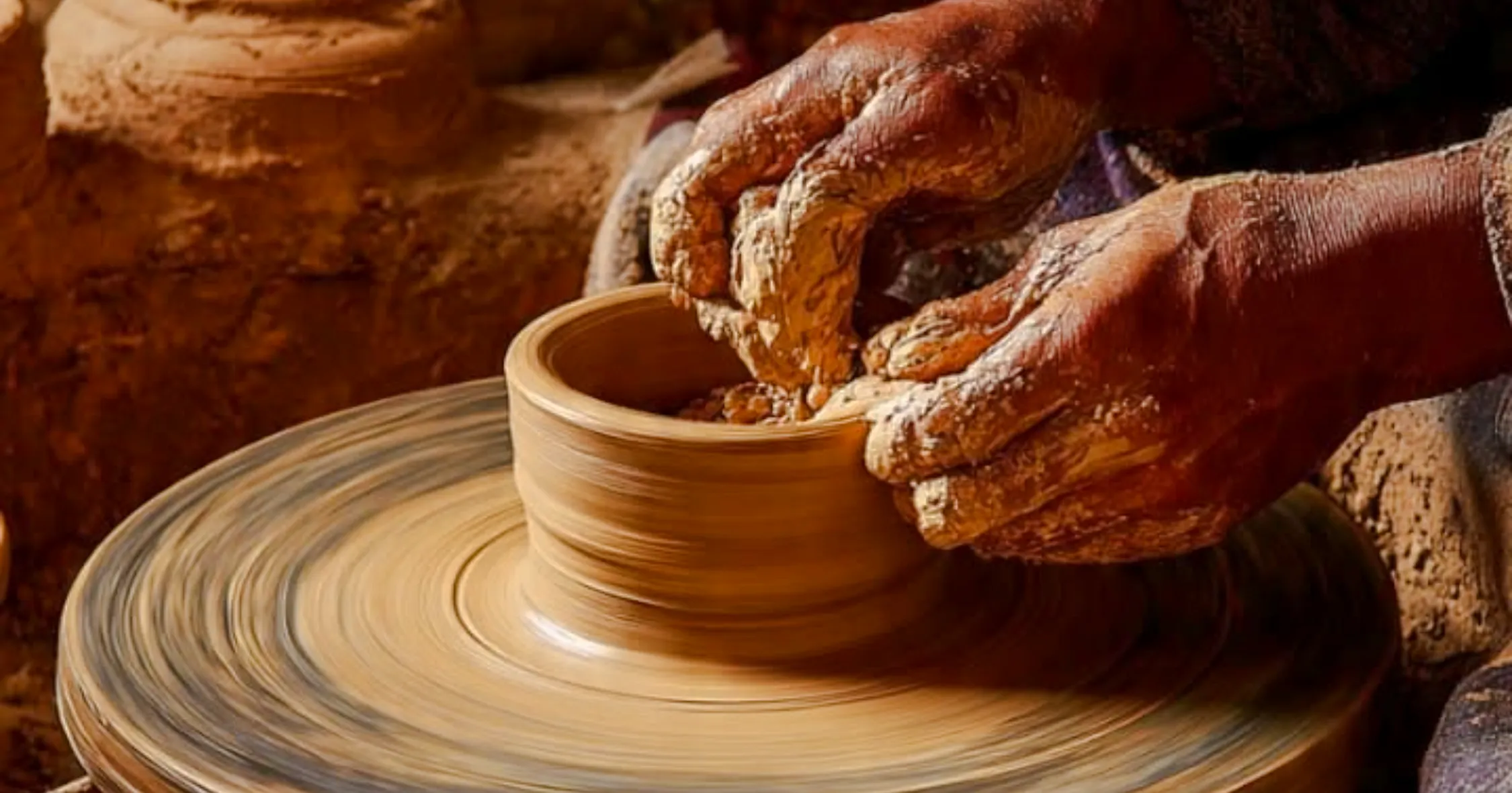 Hands shaping clay on a pottery wheel at an ancestral workshop near Essaouira.