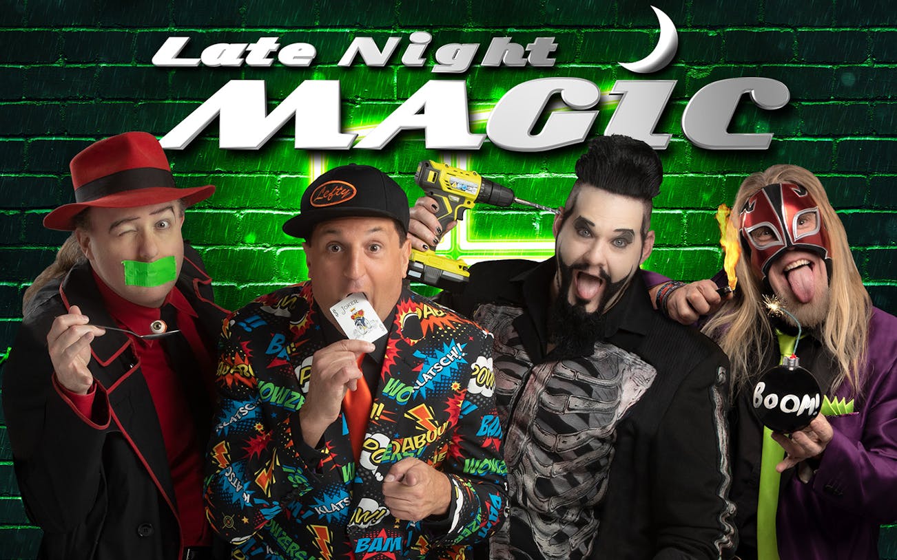 Performers in colorful costumes promoting Late Night MAGIC show.