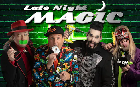 Performers in colorful costumes promoting Late Night MAGIC show.