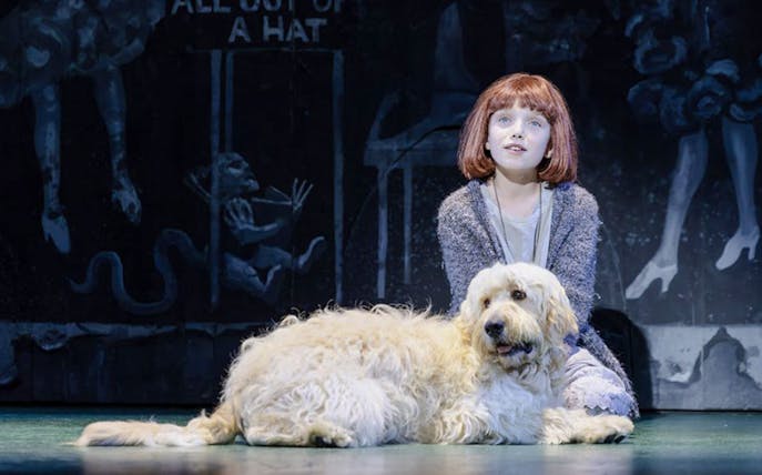 Young girl with a dog on stage during an Annie performance.