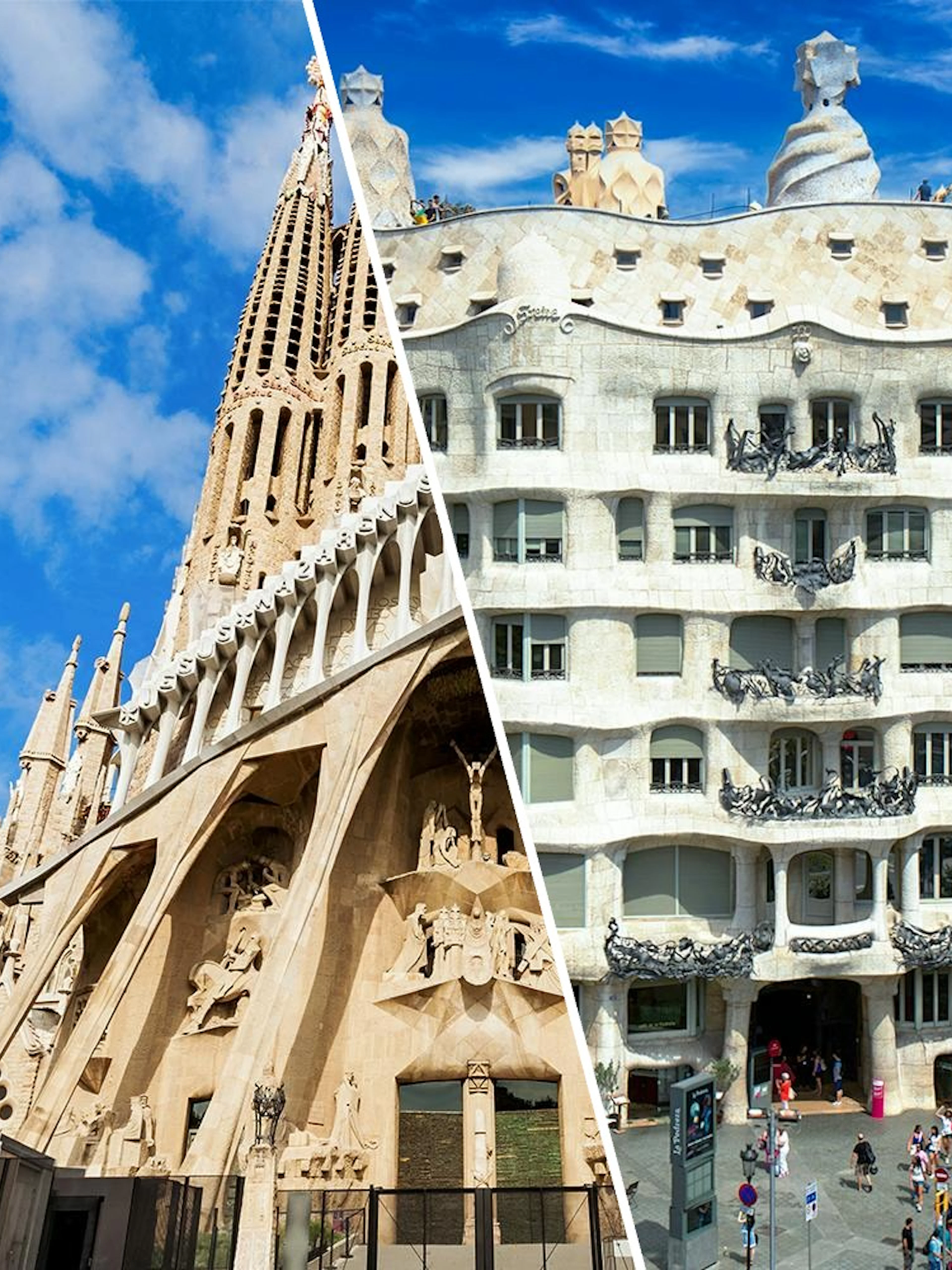 Sagrada Familia entrance and La Pedrera-Casa Milà facade in Barcelona.