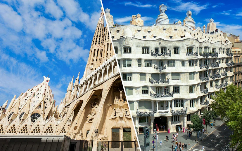 Sagrada Familia entrance and La Pedrera-Casa Milà facade in Barcelona.