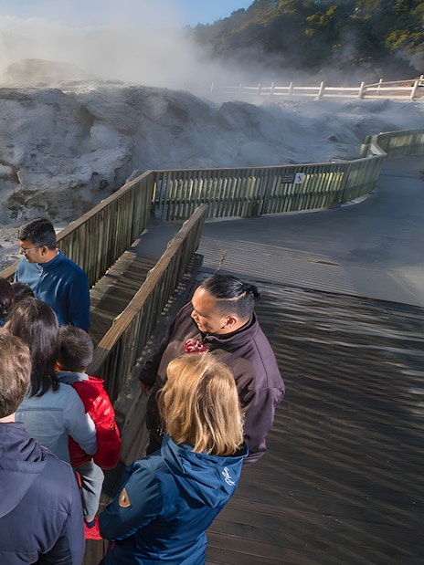 Visitors observing geothermal activity at Te Puia, Rotorua during guided tour from Auckland.