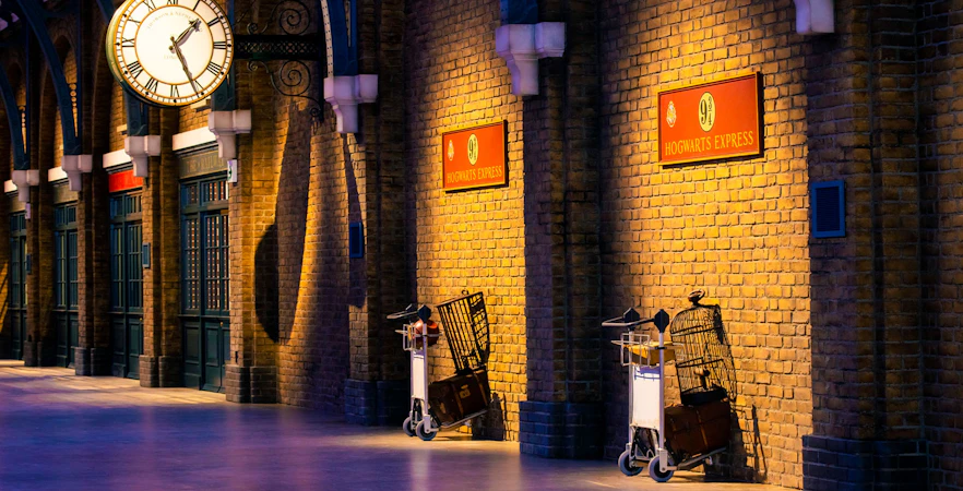 Hogwarts Express platform with luggage carts at Warner Bros. Studio, Tokyo.