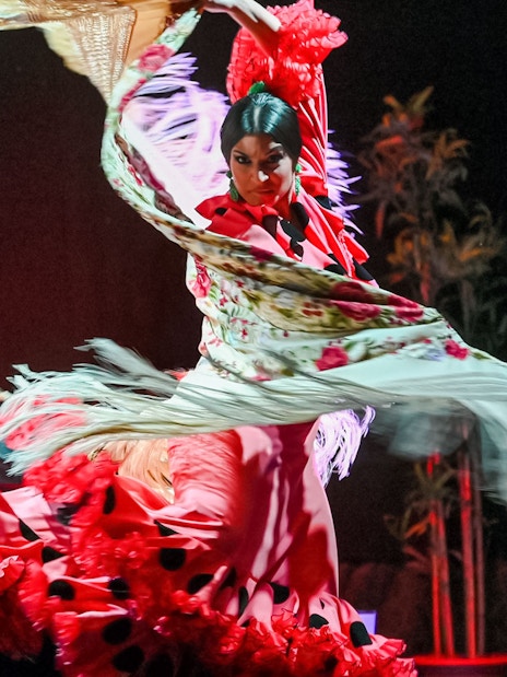Flamenco dancer performing with vibrant dress and shawl in Barcelona.