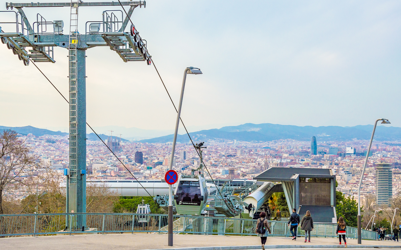 Cable car station overlooking Barcelona city from Montjuic mountain, Catalonia, Spain.