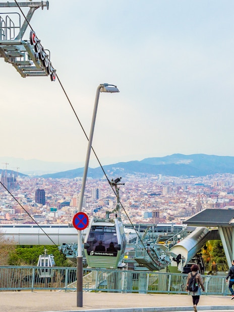 Cable car station overlooking Barcelona city from Montjuic mountain, Catalonia, Spain.