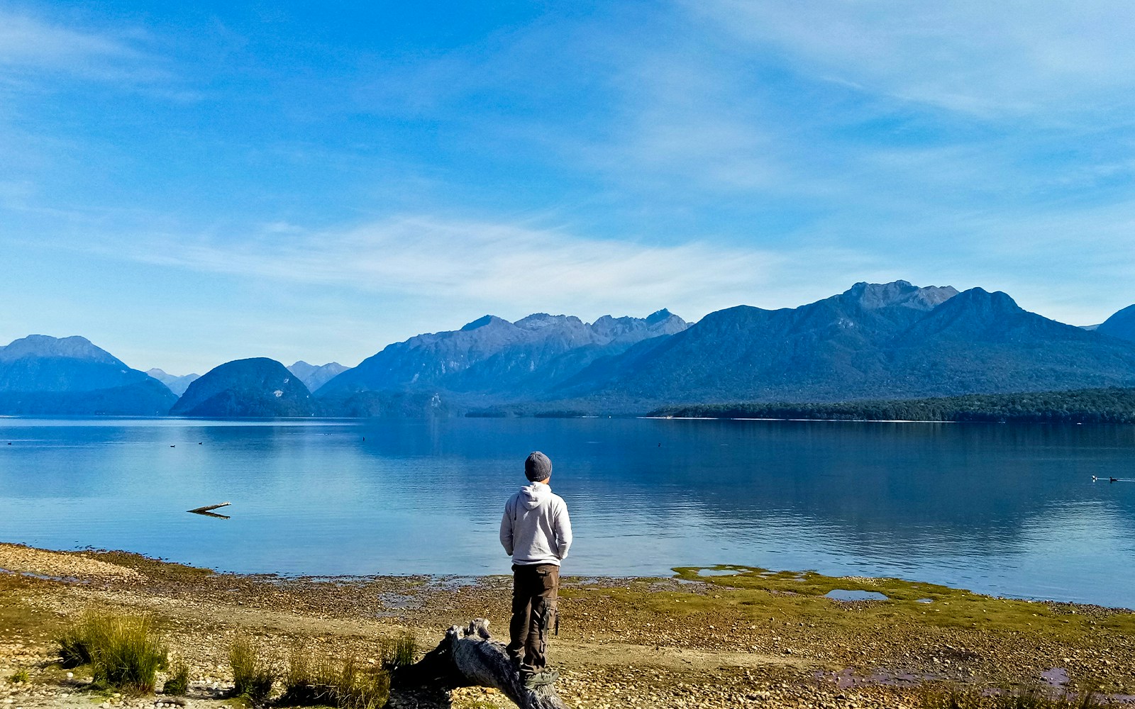 Man admiring The Remarkables Mountains from Te Anau lake shore.