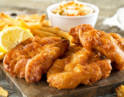 The image shows a serving of fish and chips