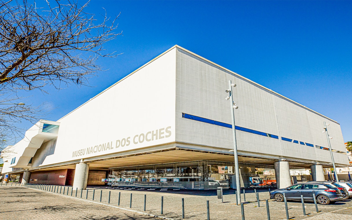 National Coach Museum entrance in Lisbon, Portugal, with modern architecture.