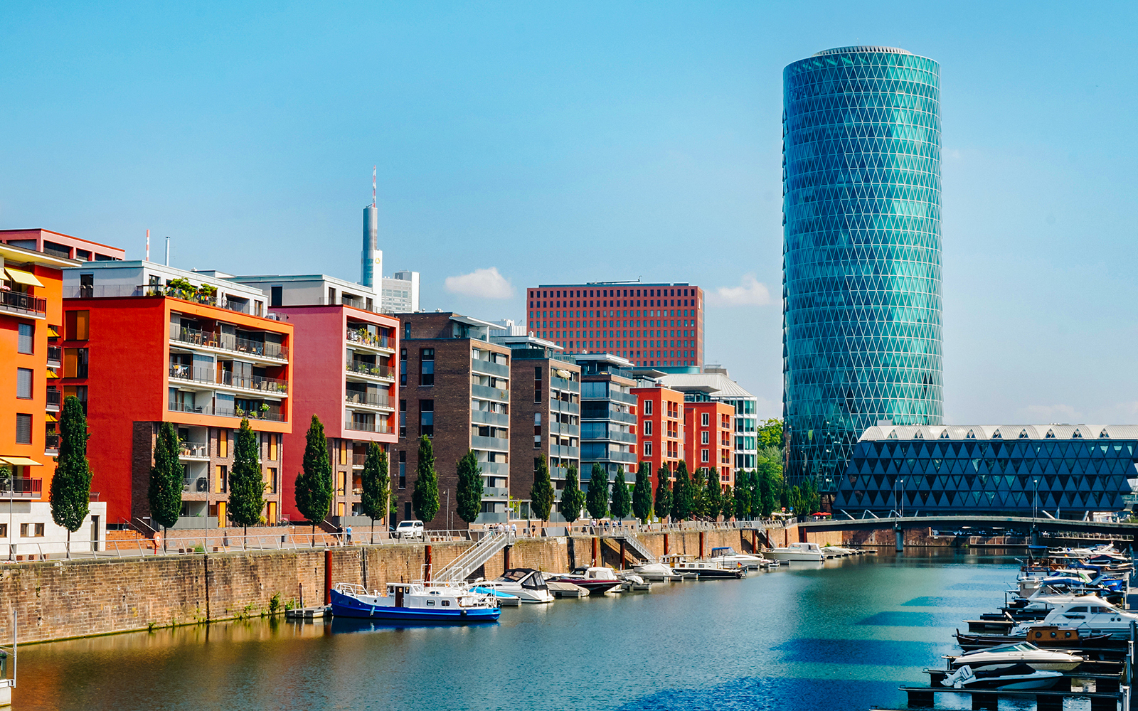 Westhafen Tower and waterfront buildings in Frankfurt, Germany.
