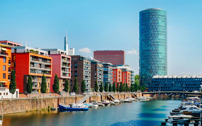 Westhafen Tower and waterfront buildings in Frankfurt, Germany.