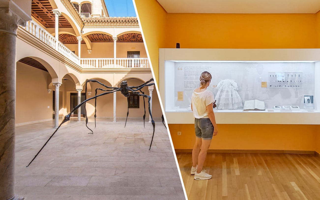 Picasso Museum Malaga courtyard sculpture and visitor at Picasso's Birthplace Museum exhibit.