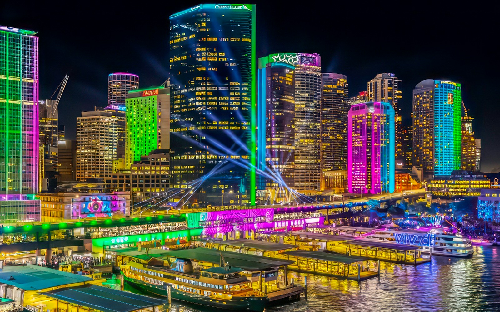 Sydney Harbour illuminated during Vivid Lights Cruise with colorful skyscrapers and boats.