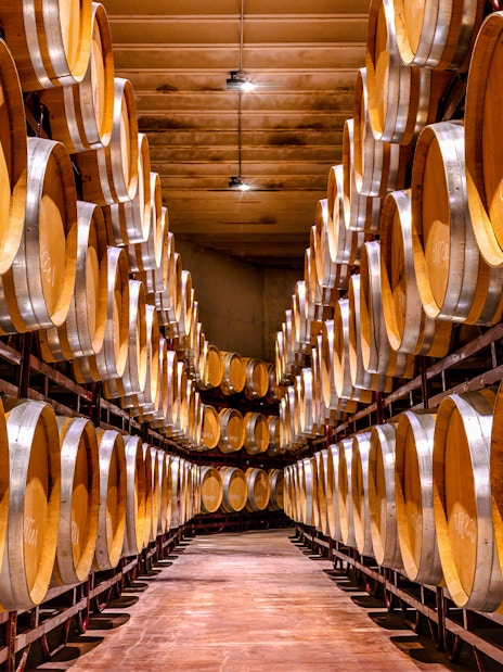 Barrels aging whiskey in a distillery cellar.