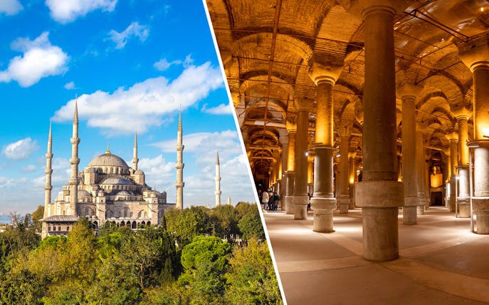 Blue Mosque exterior and Basilica Cistern interior in Istanbul, Turkey.