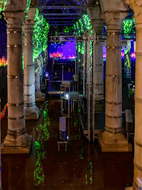 Theodosius Cistern with illuminated columns and informative displays in Istanbul.