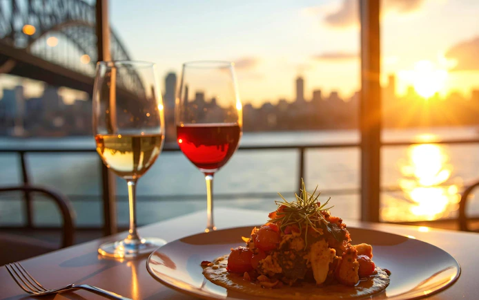 Dinner with wine on a Sydney Harbour cruise at sunset.