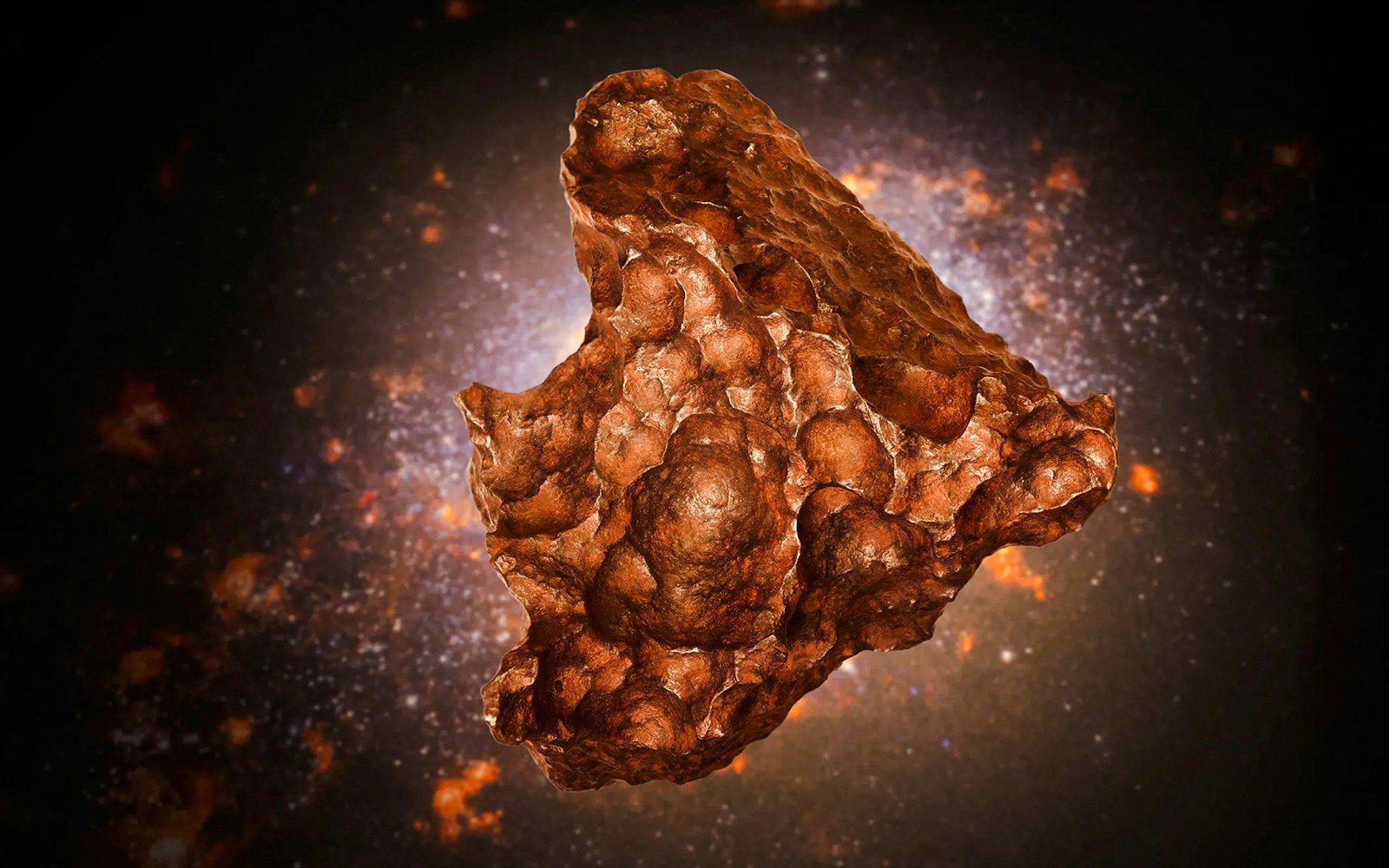 Meteorite exhibit at National History Museum with cosmic background.