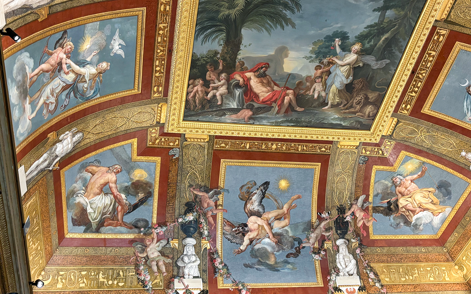 Borghese Gallery ceiling frescoes depicting mythological scenes in Rome, Italy.