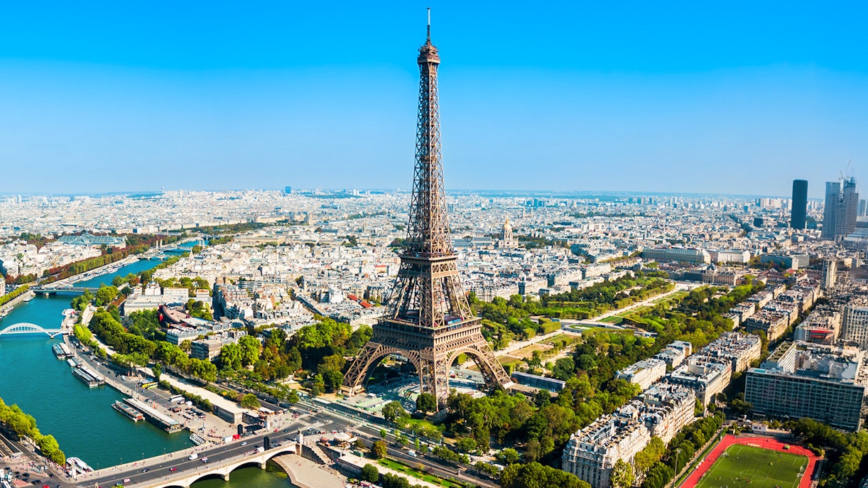 Eiffel Tower aerial view with Seine River, Paris.