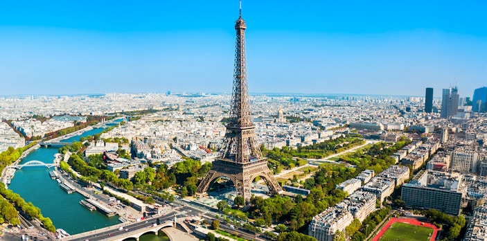 Eiffel Tower aerial view with Seine River, Paris.