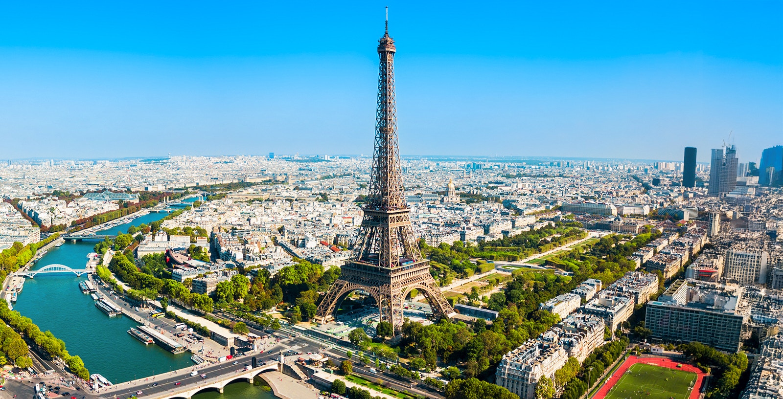 Eiffel Tower aerial view with Seine River, Paris.