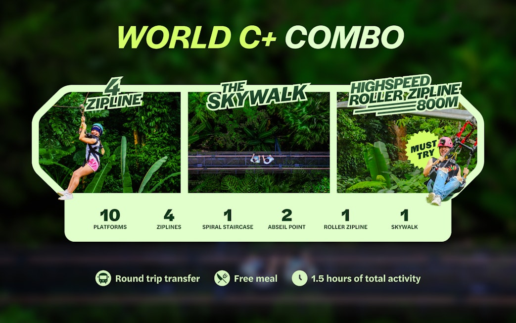 World C+ combo activities at Hanuman World, Phuket, featuring zipline, skywalk, and roller zipline.