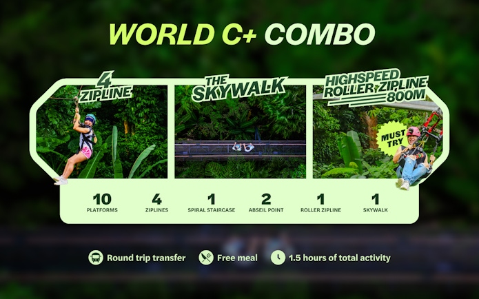 World C+ combo activities at Hanuman World, Phuket, featuring zipline, skywalk, and roller zipline.