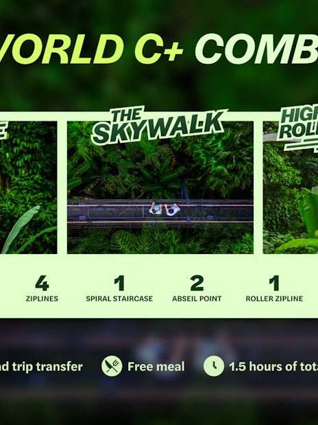 World C+ combo activities at Hanuman World, Phuket, featuring zipline, skywalk, and roller zipline.