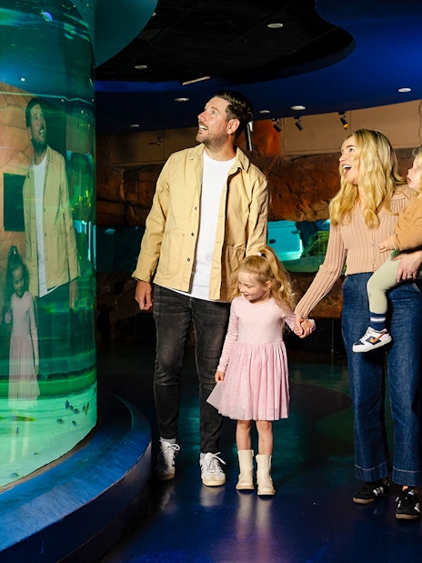 Family exploring SEA LIFE Melbourne aquarium with colorful fish in large tank.