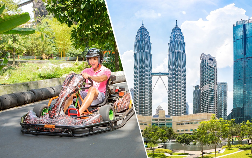 Go-karting at Sunway Lagoon Theme Park and view of Petronas Twin Towers, Kuala Lumpur.