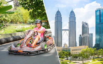 Go-karting at Sunway Lagoon Theme Park and view of Petronas Twin Towers, Kuala Lumpur.